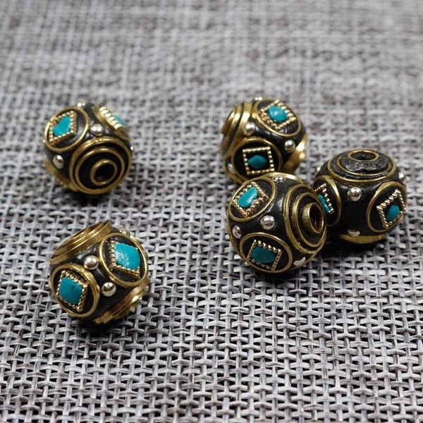 5Pcs Fashion Nepal Beads Copper Spacer Beads 13mm Handmade Brass Charm Metal Beads Fit Bracelet DIY Jewelry Making Accesssories Inlaid Beads