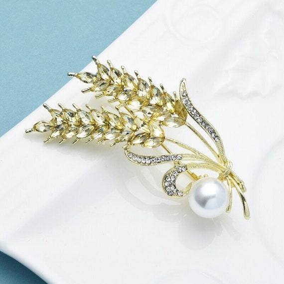 Wheat Brooches Pin for Women Unisex Rhinestone Yellow Pearl Grain Flower  Party Office Brooch Pins Hat Coat Pin Bag, Gifts for Her 