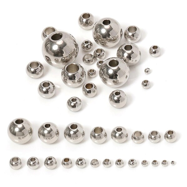 100Pcs / lot 3mm-10mm Perles en acier inoxydable Perles de boule rondes sans couture, perles trou de boule 1.2mm-5mm pour bracelets Bijoux Composants DIY