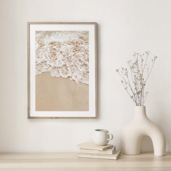 Beige Sand and Sea Foam Coastal Fine Art Print, Minimalist Beach Photography Wall Art