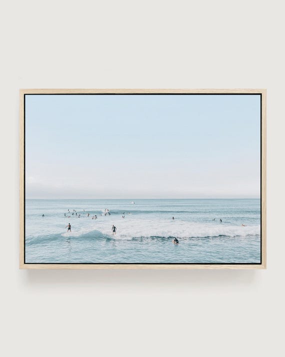 Aerial Surf Framed Canvas Print - Minimalist Coastal California Photography Wall Art