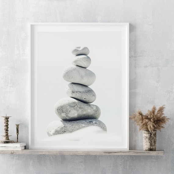 Coastal Pebble Stack Print: Neutral Fine Art Photography