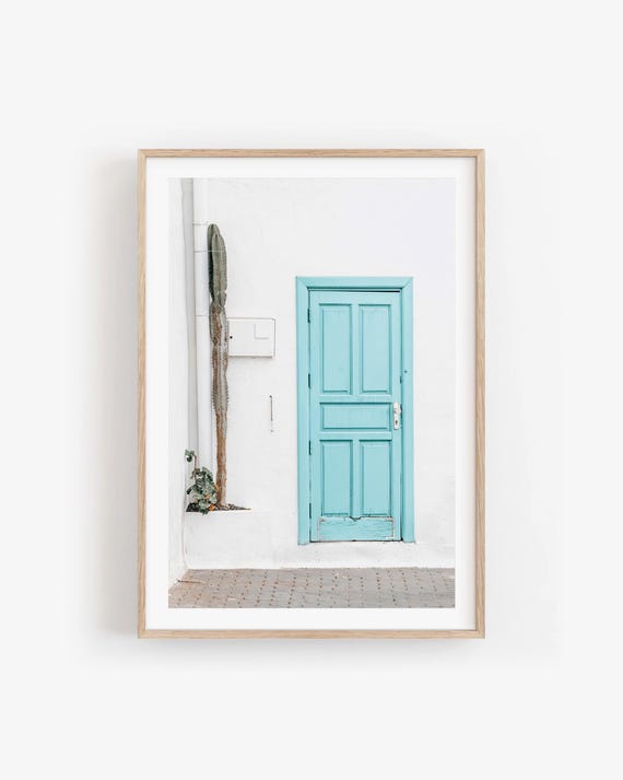 Blue Door Wall Art: Mediterranean Rustic Door Photography Print, Coastal Minimalist Decor