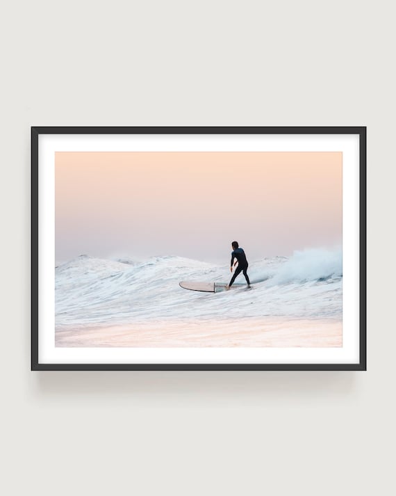 Pastel Ocean Surf Wall Art - Minimalist Ocean Photography, Surfer Riding Wave Framed Print
