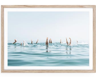 Handstand Lake Photo Print, Summer Swim Photography, Framed Blue Coastal Wall Art, Fun Beach House Decor, Legs in Water Swimming Wall Decor