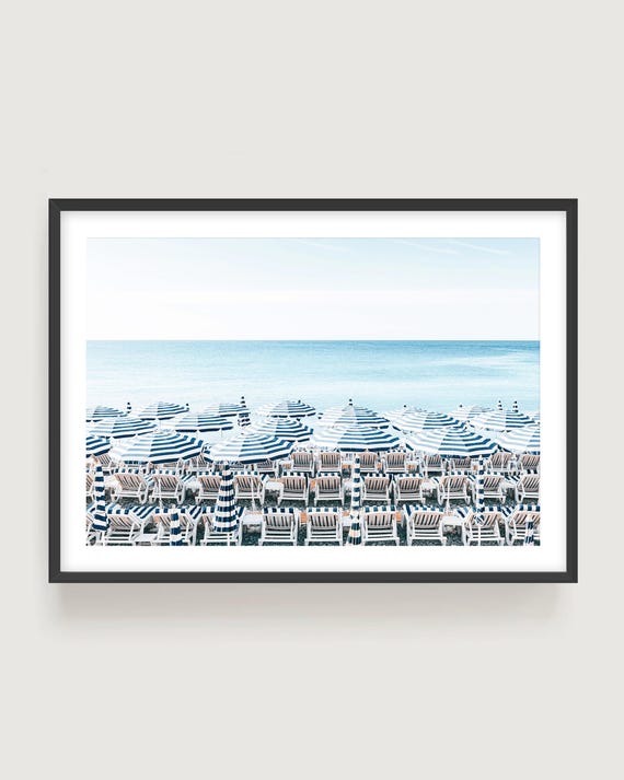French Riviera Beach Print - Blue Umbrellas Coastal Photo, Mediterranean Wall Art