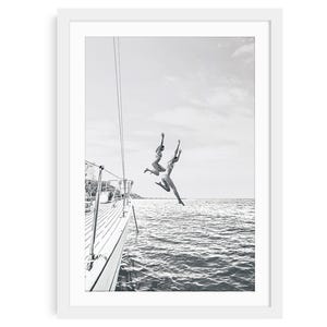 Black and White Swimmers Print: Water Jump Fine Art Photography, Women Yacht Jumping Wall Art