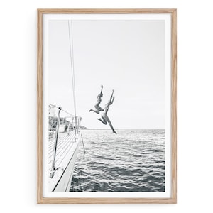 Water Jump Print, Framed Black and White Wall Art, Women Yacht Jumping Photo Print, Summer Fine Art Wall Decor