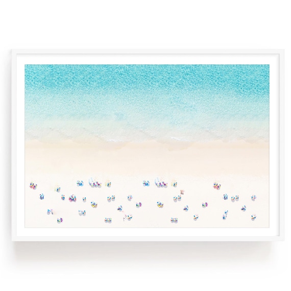 Aerial Beach Photography Print, Turquoise Ocean, Umbrellas, Framed or Unframed