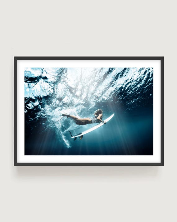 Underwater Surfer Photography Print: Moody Coastal Wall Art