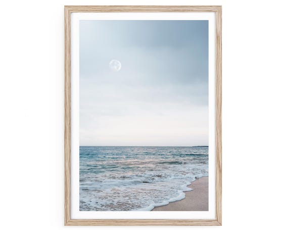 Minimalist Coastal Sunset Print, Soft Blue Ocean Photography, Framed or Unframed Wall Art