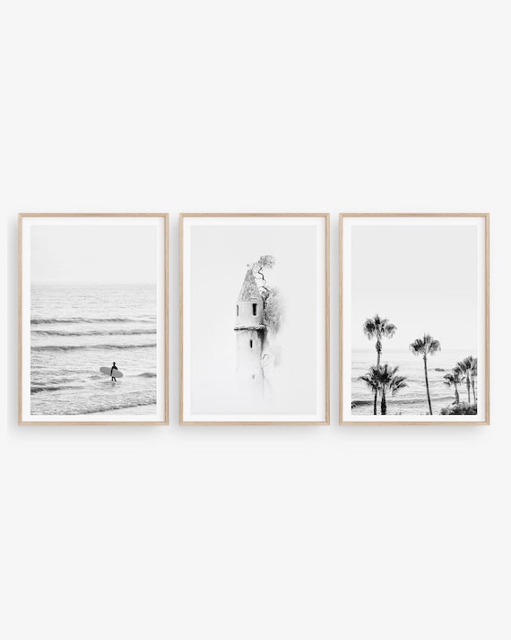 Set of 3 Black and White Prints: Laguna Beach Photography Coastal Wall Art