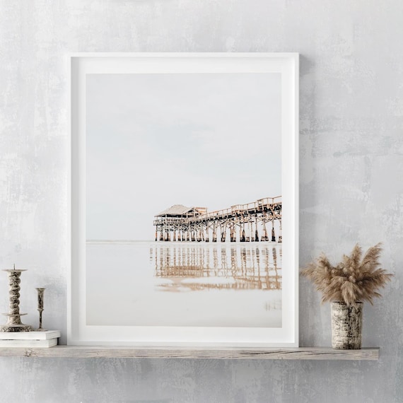 Cocoa Beach Pier Print: Beige Coastal Photography, Minimalist Wall Art