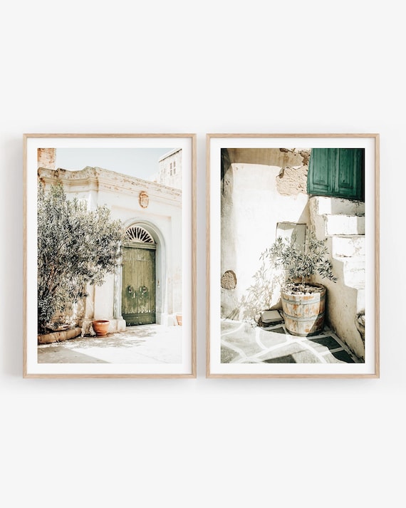 Rustic Architecture Wall Art Set: Neutral Mediterranean Prints, Olive Green Door Prints