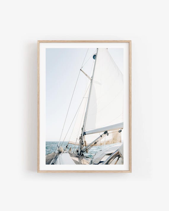 White Sailboat Fine Art Print, Coastal Nautical Wall Art Framed or Unframed