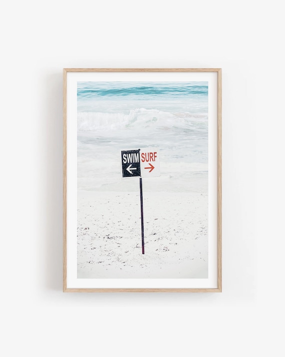 Surf Beach Sign Photography Print, Framed or Unframed Modern Coastal Wall Art