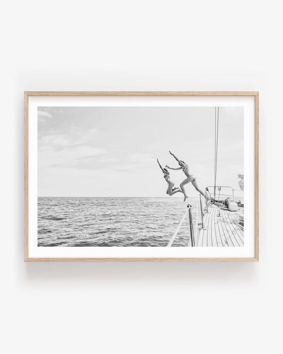 Yacht Jump Photography Print - Black and White Summer Lake Wall Art