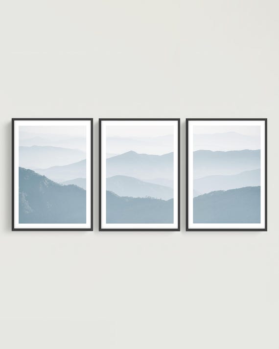 Mountains Wall Art Triptych: Blue Misty Landscape Set of 3 Prints, Minimalist Photography