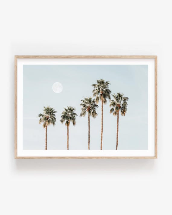 Tropical Wall Art – Minimalist Palm Tree Moon Print, Neutral Nature Photography