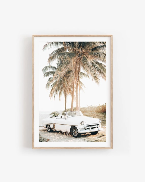 Coastal Wall Art Print: Vintage Car by the Beach, Boho Tropical Photography