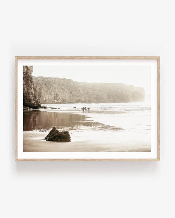 Surfers Beach Wall Art - Minimalist Coastal Surf Print in Beige Muted Colors