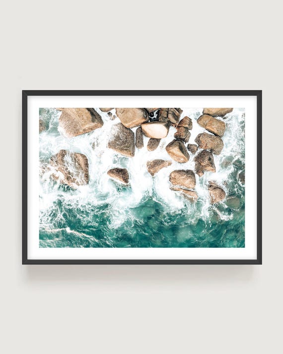 Aerial Ocean Wall Art - Rocky Coastline Print, Calming Coastal Decor