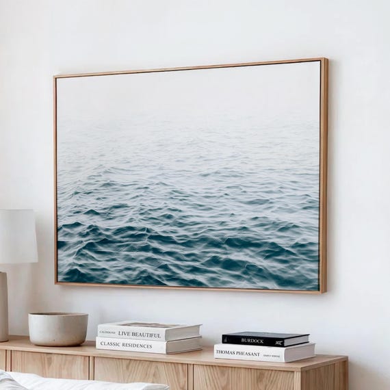 Framed Ocean Waves Canvas Print,  Modern Coastal Wall Art