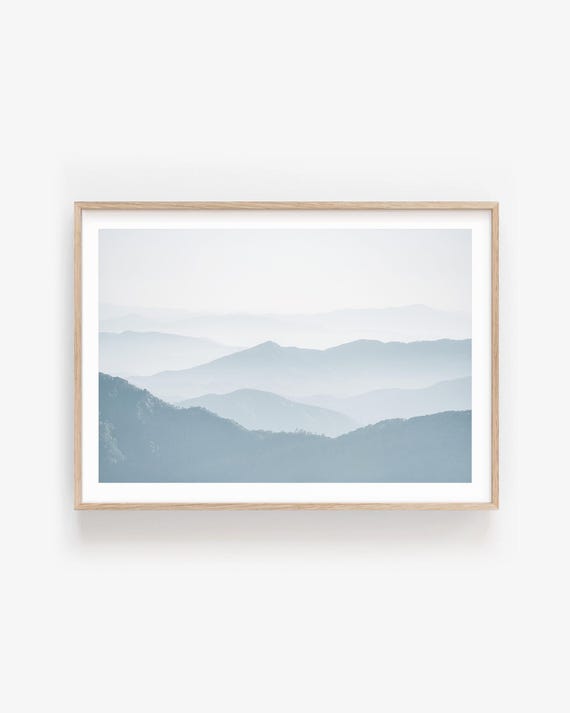 Misty Mountain Fine Art Print: Serene Blue Landscape Wall Art for Calm Interiors