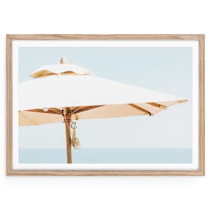 Beach Umbrella Print, Minimalist Coastal Summer Photo Art, Framed Fine Art Photography, Soft Ocean Wall Decor for Beach Lovers