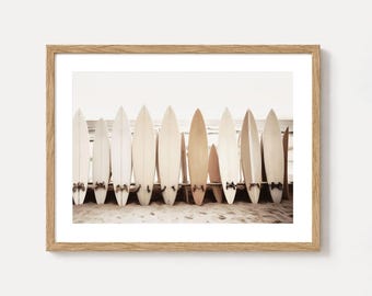 Surfboard Lineup Photography Print - Beige Neutral Coastal Wall Art Framed or Unframed