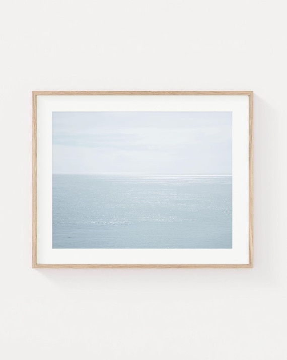 Blue Ocean Horizon Wall Art - Framed Minimal Calm Seascape, Coastal Photography Print