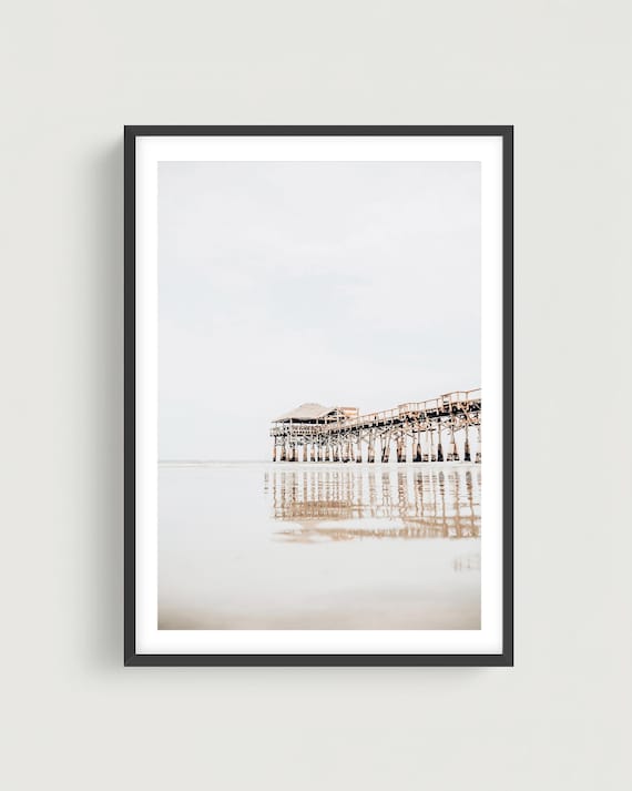 Cocoa Beach Pier Print: Beige Coastal Photography, Minimalist Wall Art