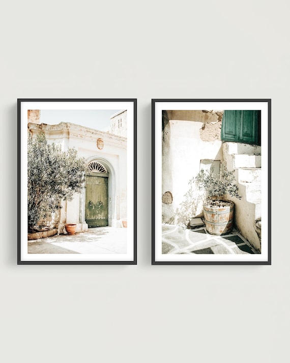 Rustic Architecture Wall Art Set: Neutral Mediterranean Prints, Olive Green Door Prints