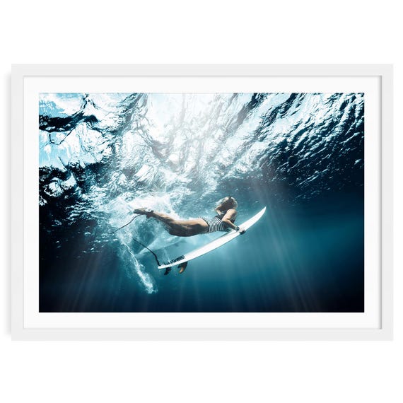 Underwater Surfer Photography Print: Moody Coastal Wall Art