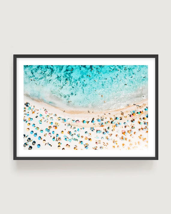 Aerial Beach Print - Colorful Umbrellas and Turquoise Ocean, Coastal Wall Art