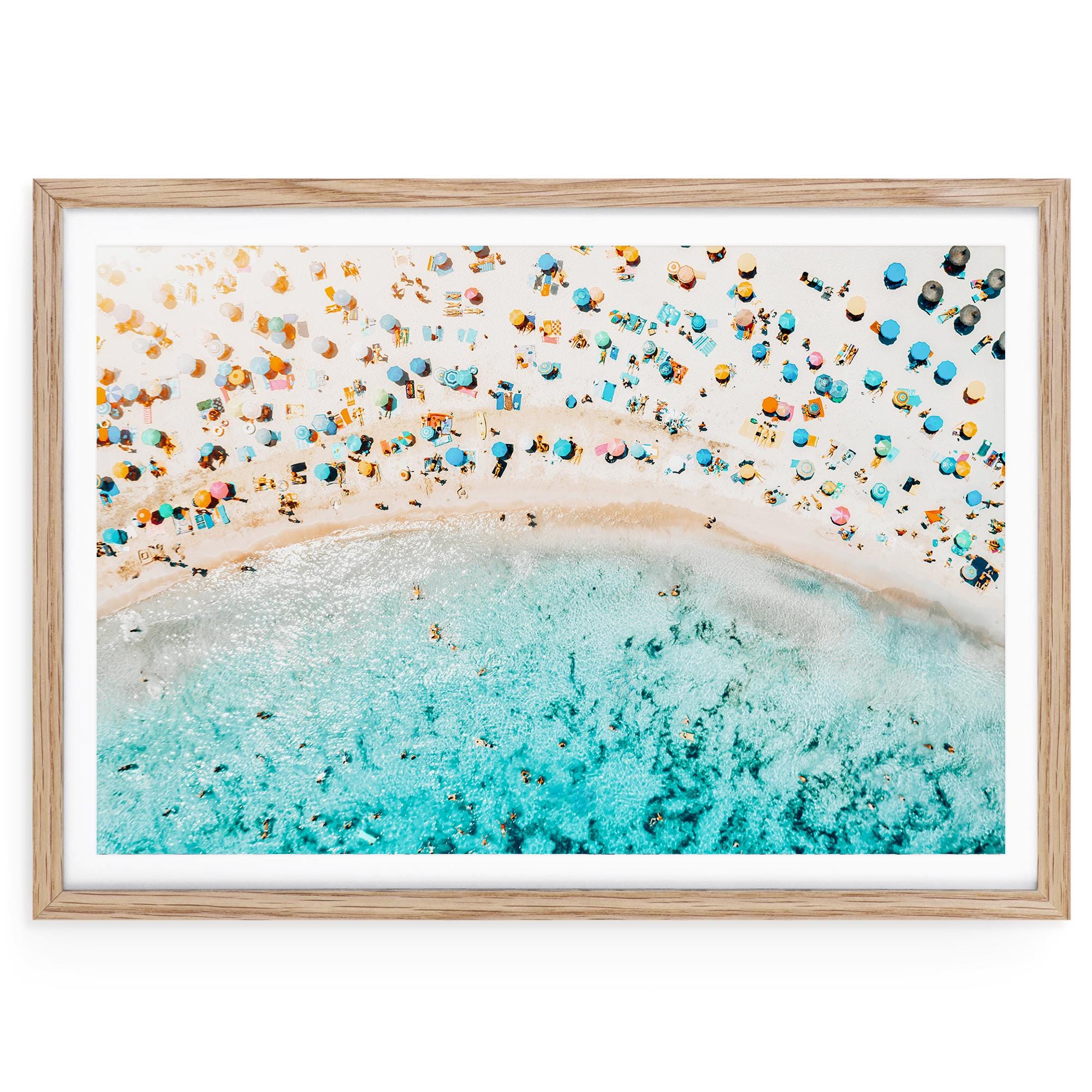Colorful Aerial Beach Print, Framed Coastal Wall Art with Umbrellas, Turquoise Ocean Photo, Summer Seaside Decor