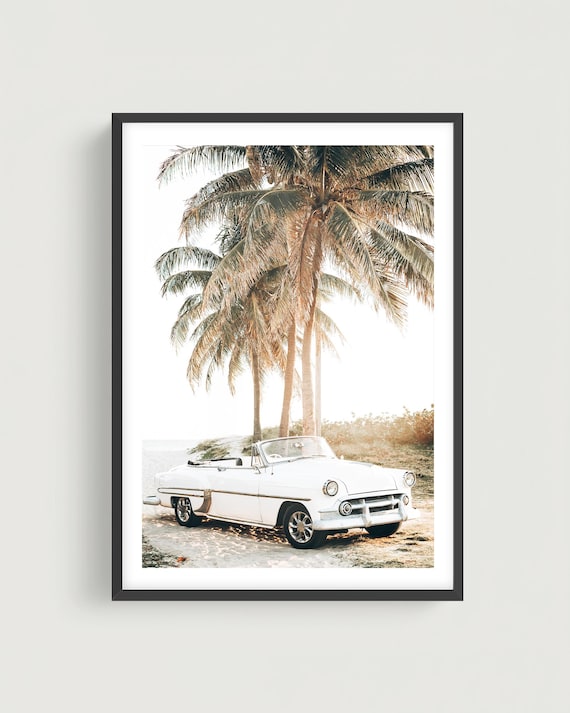 Coastal Wall Art Print: Vintage Car by the Beach, Boho Tropical Photography