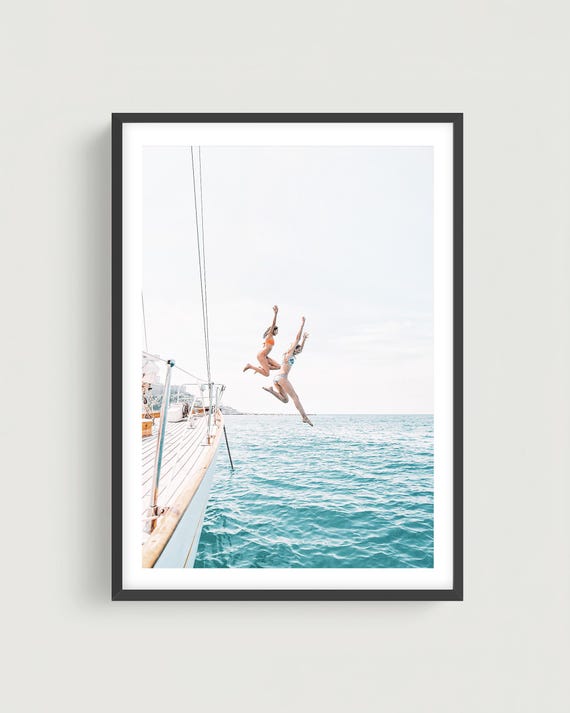 Girls Jumping Ocean Photo Print: Coastal Summer Wall Art