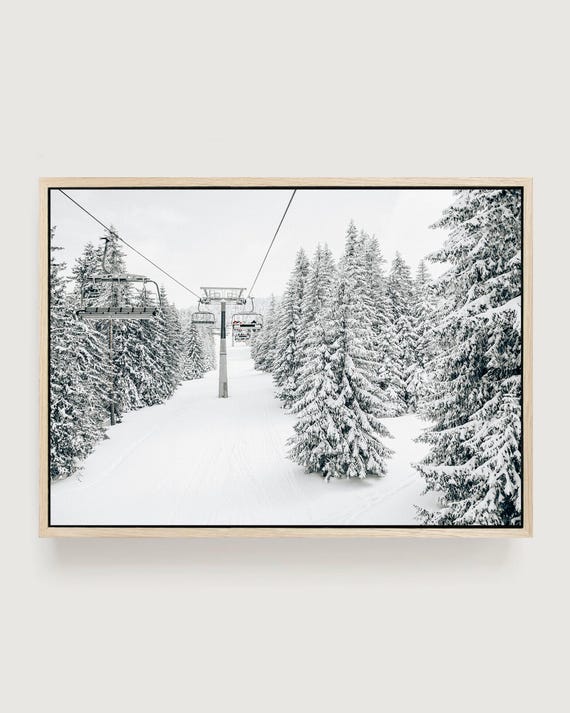 Framed Winter Landscape Canvas - Snowy Ski Lift, Alpine Decor