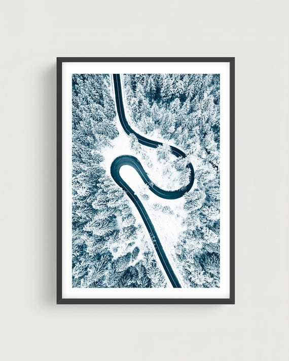 Winter Forest Wall Art - Aerial Snowy Road, Minimalist Landscape Fine Art Print