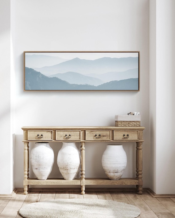 Misty Blue Mountain Panoramic Wall Art -  Framed Canvas Print, Long Horizontal Landscape
