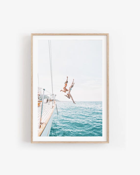 Girls Jumping Ocean Photo Print: Coastal Summer Wall Art