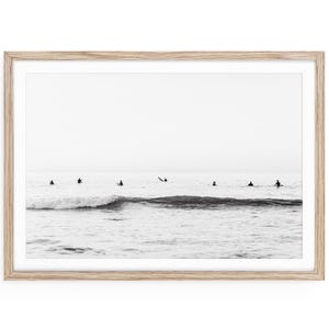 Black and White Surfer Print, Minimalist Ocean Photography Wall Art, Framed or Unframed, Coastal Surf Decor, Neutral Modern Beach Photo