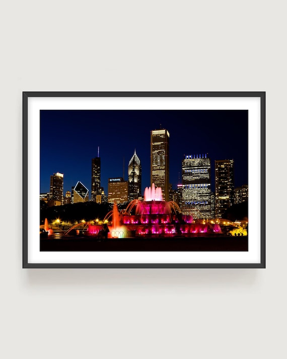 Chicago Skyline Night Photography - Buckingham Fountain Wall Art, Cityscape Fine Art Print