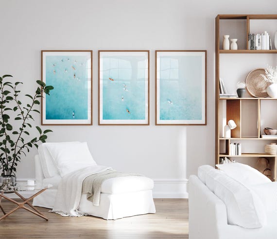 Teal Ocean Surf Aerial Photography Prints, Coastal Wall Art Triptych