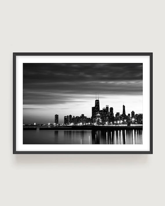 Black And White Chicago Skyline Wall Art - Modern Cityscape Waterfront Photography Print