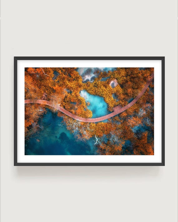 Aerial Trees Wall Art – Autumn Nature Photography, Turquoise Water Fine Art Print