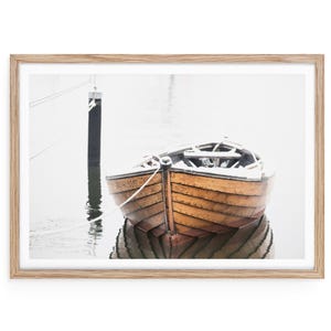 Wooden Boat Wall Art, Minimalist Lake Photography Print, Neutral Coastal Fine Art, Weathered Rowboat Photo, Framed or Unframed Print