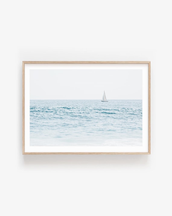 Minimalist Sailboat Seascape Wall Art Print, Coastal Nautical Photo
