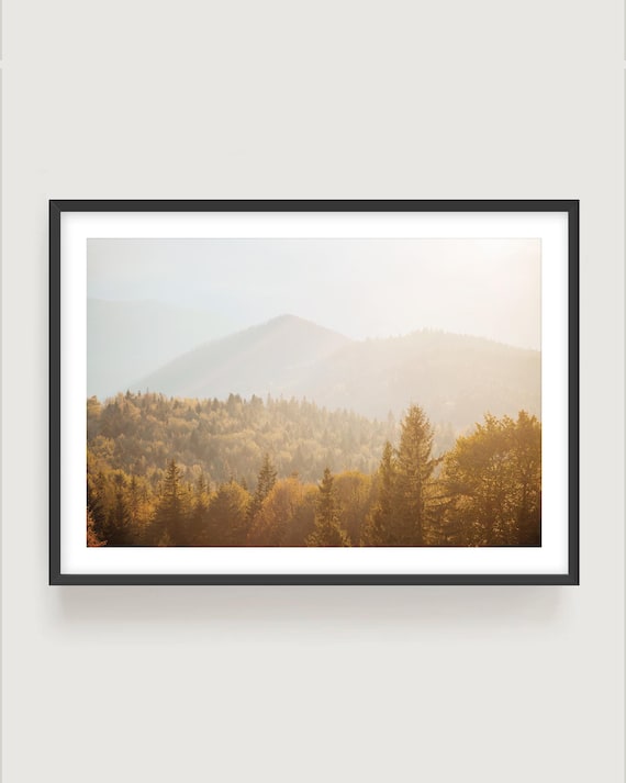 Autumn Forest Landscape Print - Misty Mountain Wall Art, Neutral Nature Photography